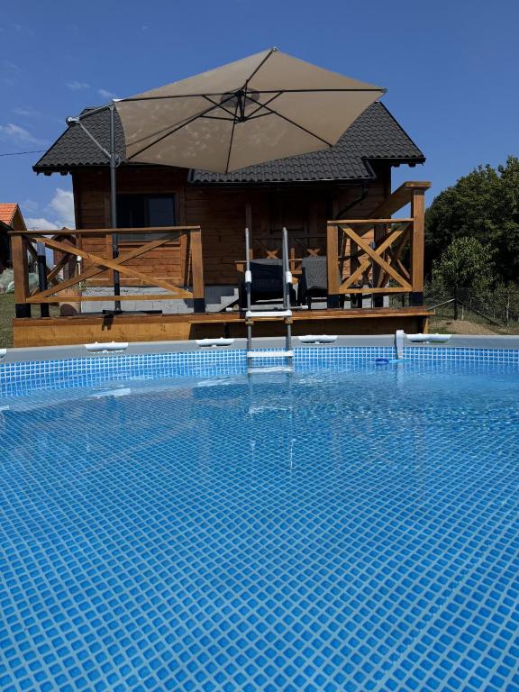 a swimming pool with an umbrella and a house at Brvnara Beli in Gornji Milanovac