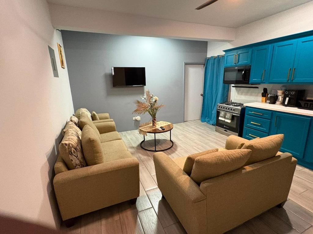 a living room with two couches and a kitchen with blue cabinets at z'view apartments in Cayon
