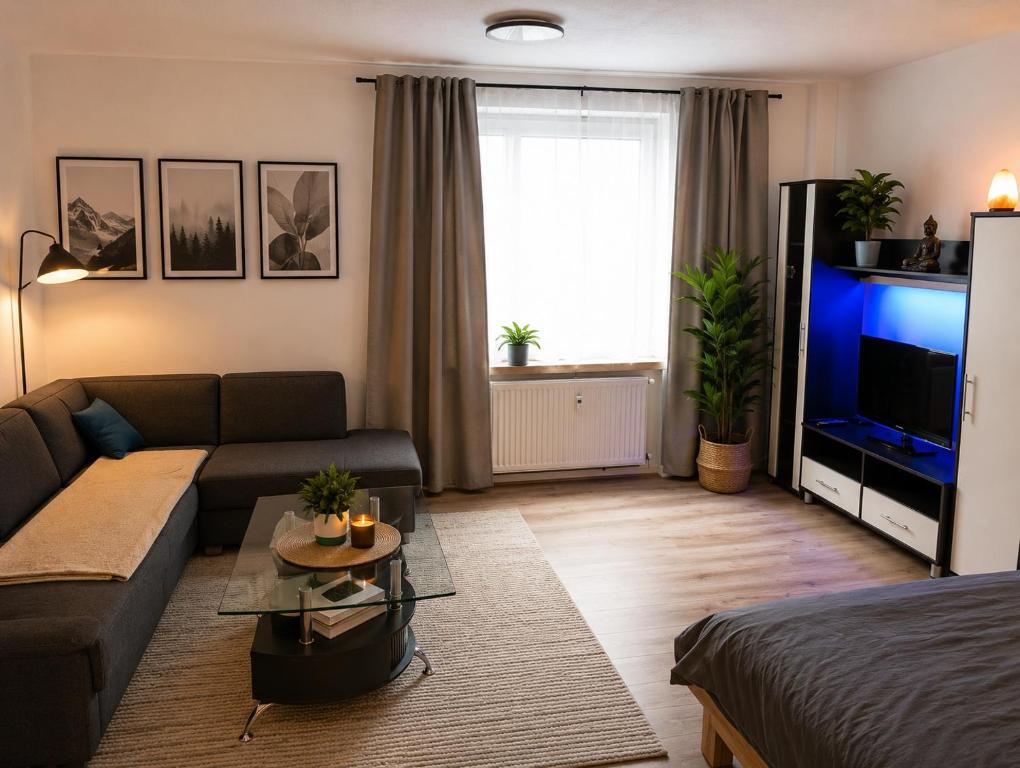 a living room with a couch and a tv at Apartmán Comfort in Trenčín