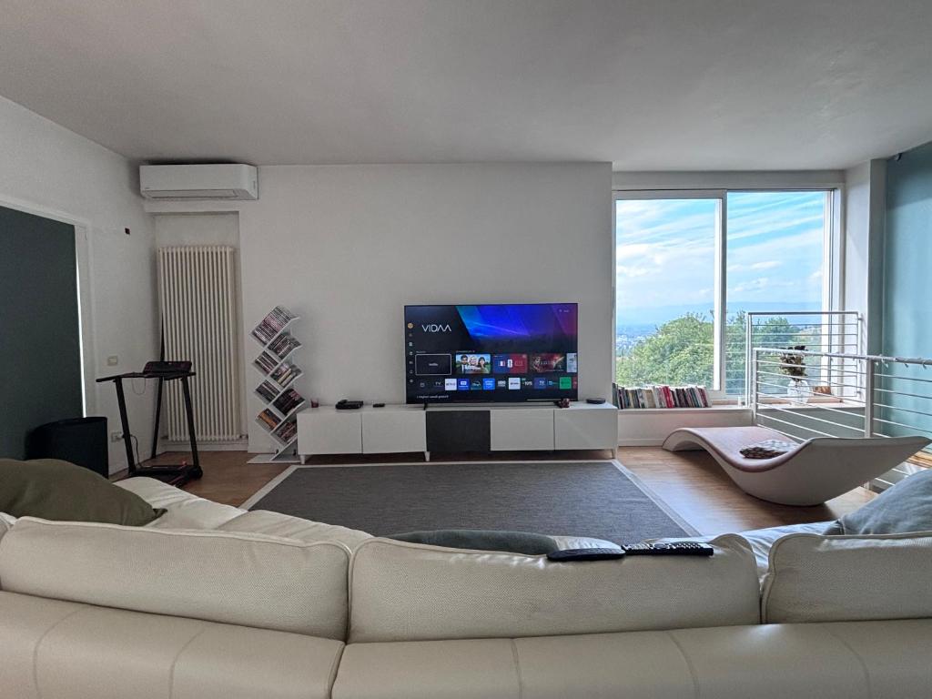 a living room with a couch and a flat screen tv at Nuovo Progetto A&E in Vicenza