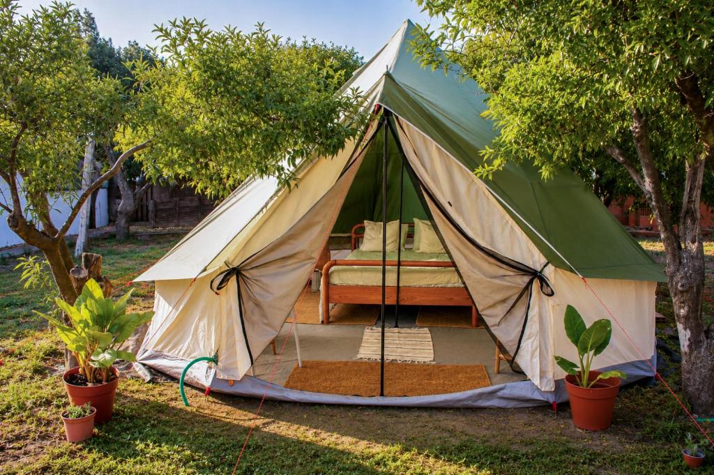 a canopy tent with a bed in a yard at Montijo Garden - Glamping 25min de Lisboa in Montijo