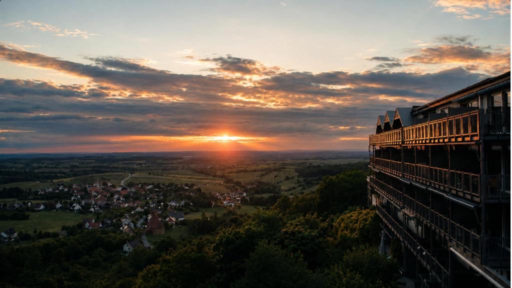 a view of the sunset from the top of a building at Berg-Gasthof Hötzelein in Kunreuth