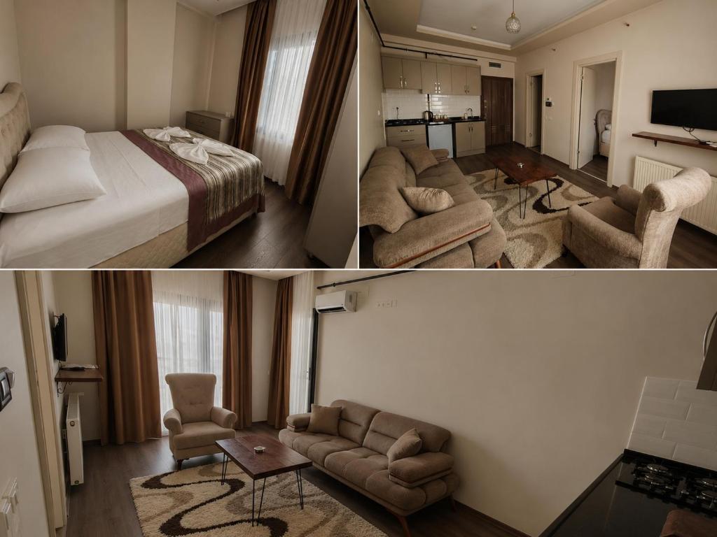 a hotel room with a bed and a living room at Han Suite Ev-Otel Mersin in Kaleköy
