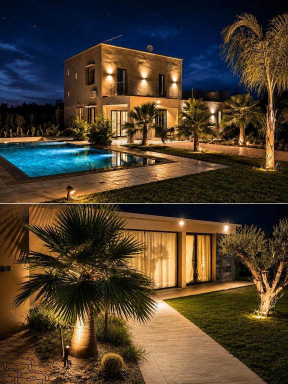 a home with a swimming pool and a palm tree at Villa with pool, ping pong table, trampoline in Mellah Bakka