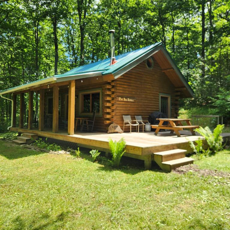 a log cabin with a porch and a deck at Pine Hill FLX Retreat in Cohocton