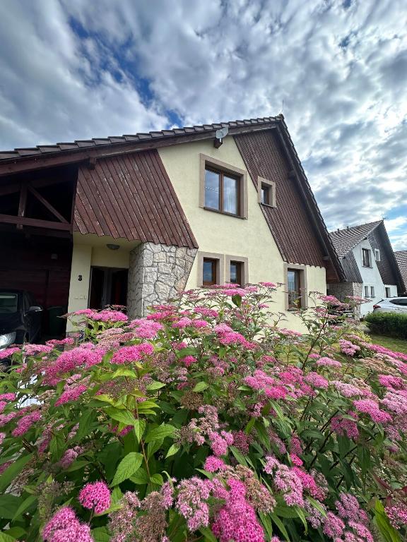 a house with pink flowers in front of it at Chalet Parížovce with swimming pool and mountain views in Liptovský Trnovec