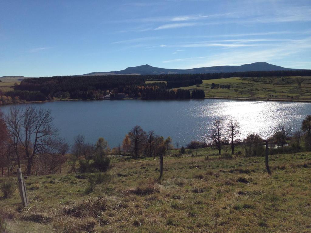 a view of a lake with trees and a field at La ferme du lac Saint Front in Saint-Front
