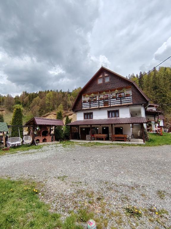 a large wooden house with a lot of windows at Cabana Dory și Dan in Arieşeni