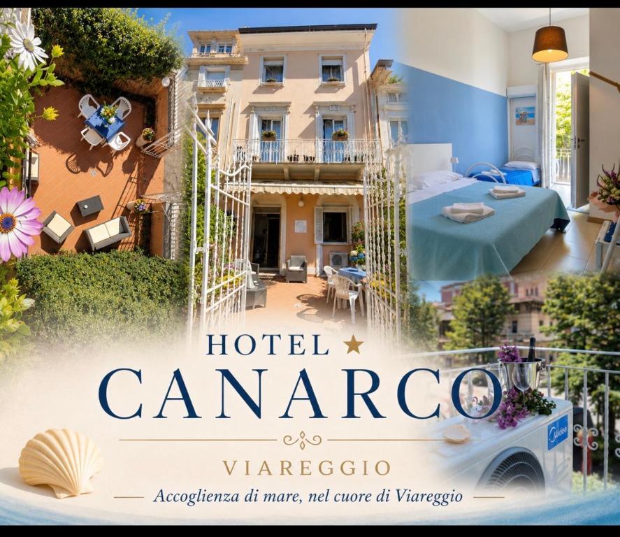 a sign for a hotel camargue with a view of a building at Hotel Canarco in Viareggio
