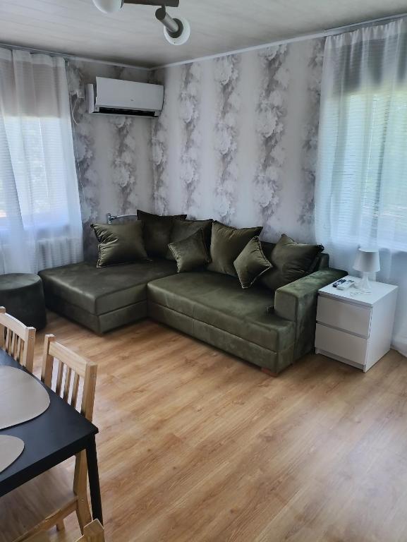 a living room with a green couch and a table at Viscosa Sadama tee külaliskorter in Kõrgessaare