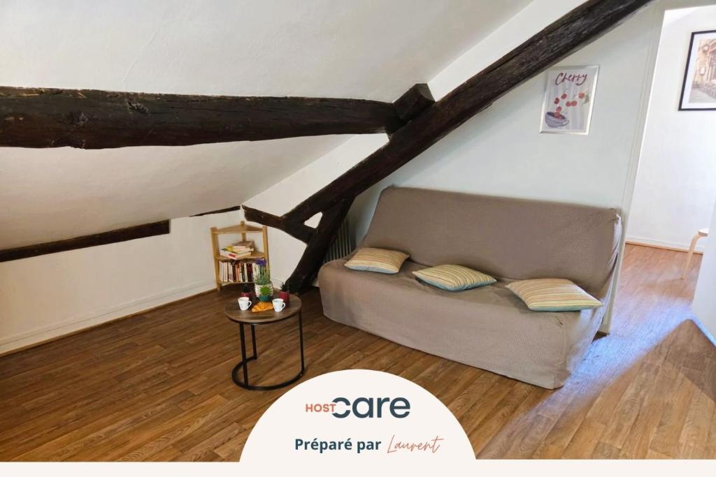 a living room with a couch and a table at Le Petit Attique de Versailles in Versailles