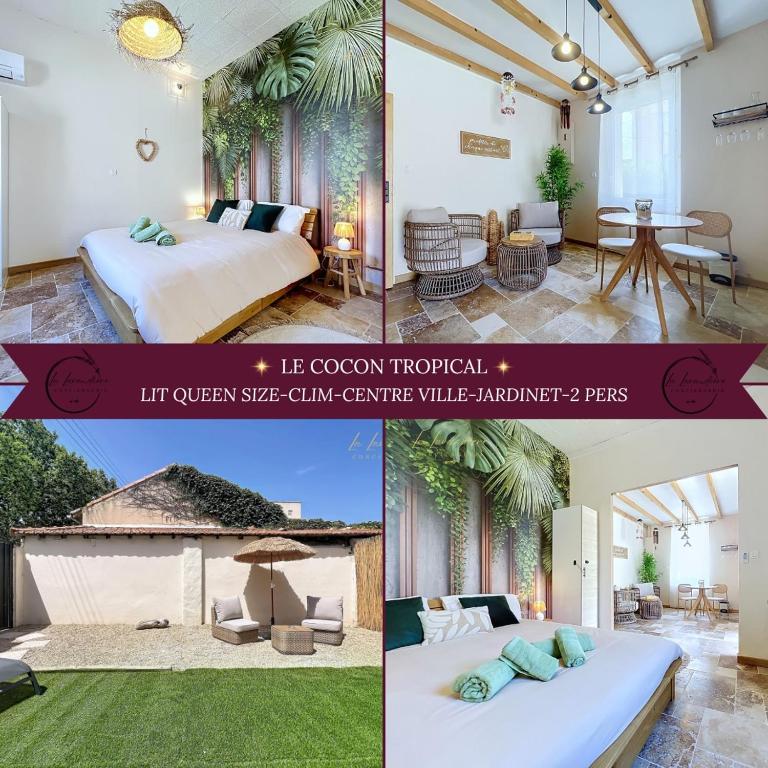 a collage of four pictures of a hotel room at Le Cocon Tropical - Cosy, Clim, Centre-ville, Jardinet, 2 personnes in Miramas