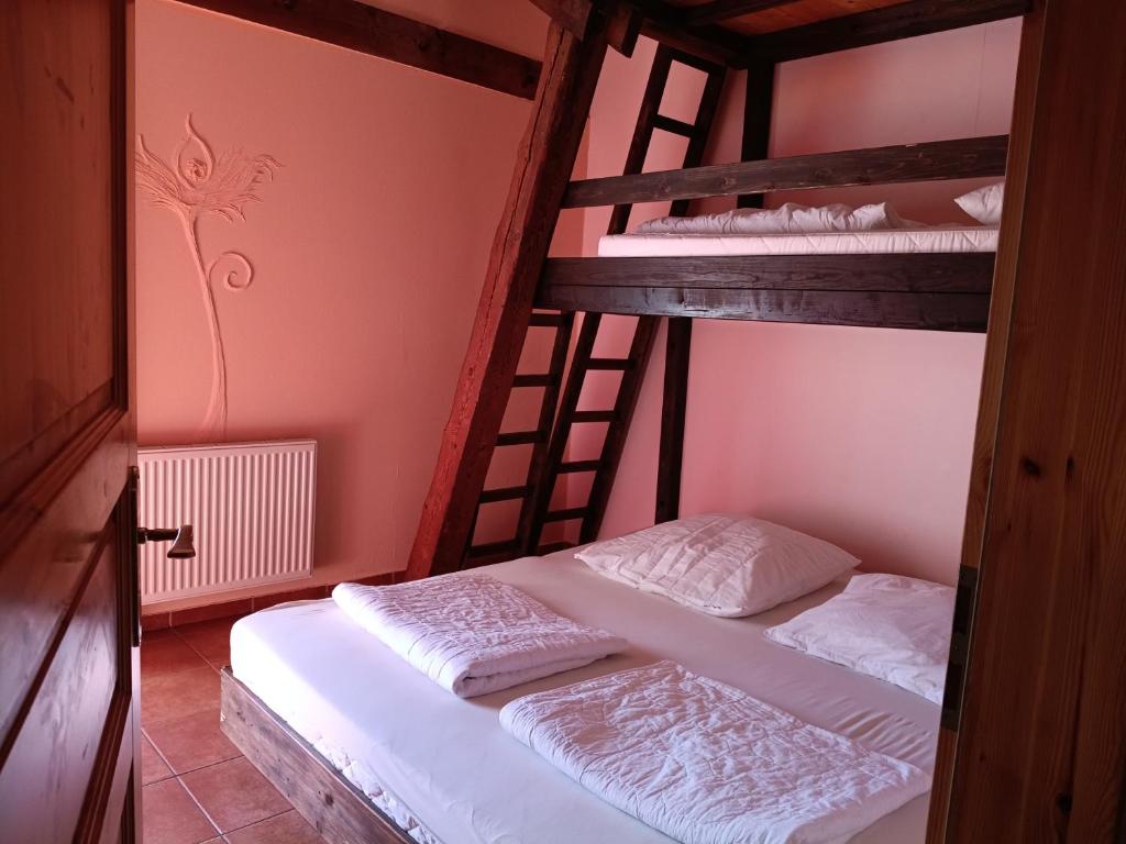 two bunk beds in a room with a ladder at Ferien am Schloss - Wohnung 6 "der Pferdestall", Ferienwohnung am Badesee in Behren-Lübchin