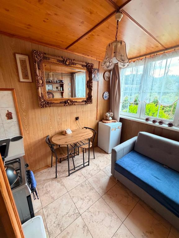 a living room with a blue couch and a table at Mieszkanie Pod Sztolniami- Riese in Walim