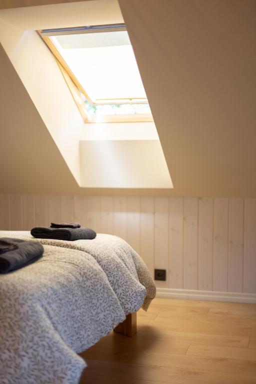 a bedroom with a bed with a skylight at Lendle Peace & Wellness Stay Märjamaa in Märjamaa
