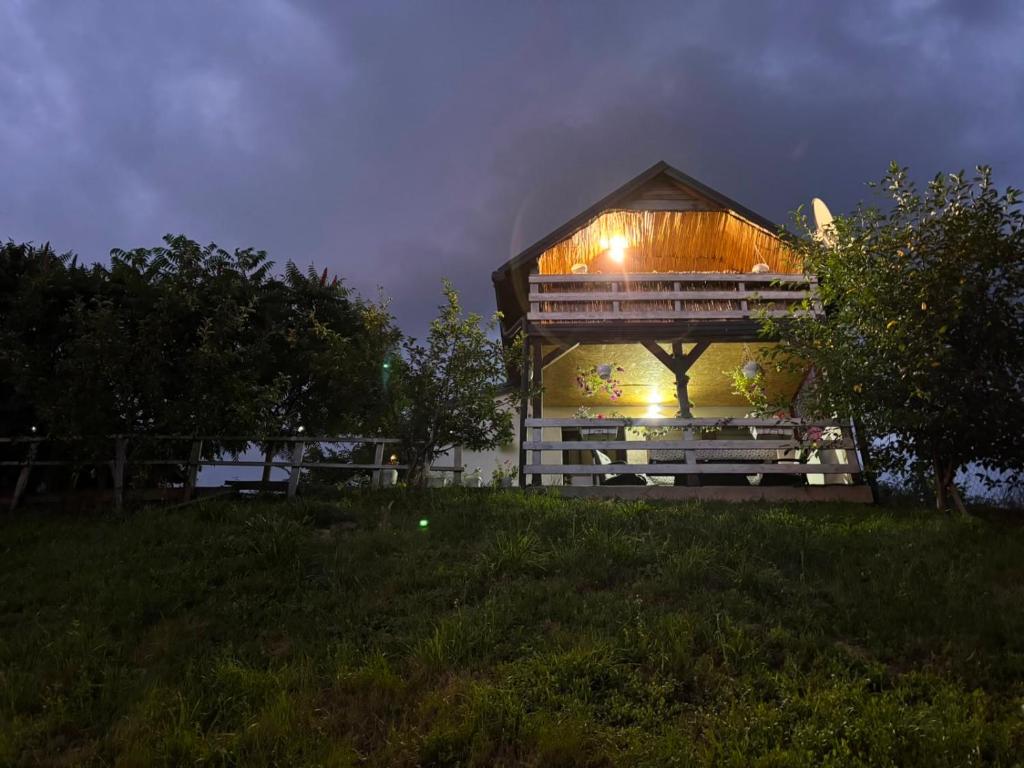 a small building with lights on it in a field at Natural House in Visoko