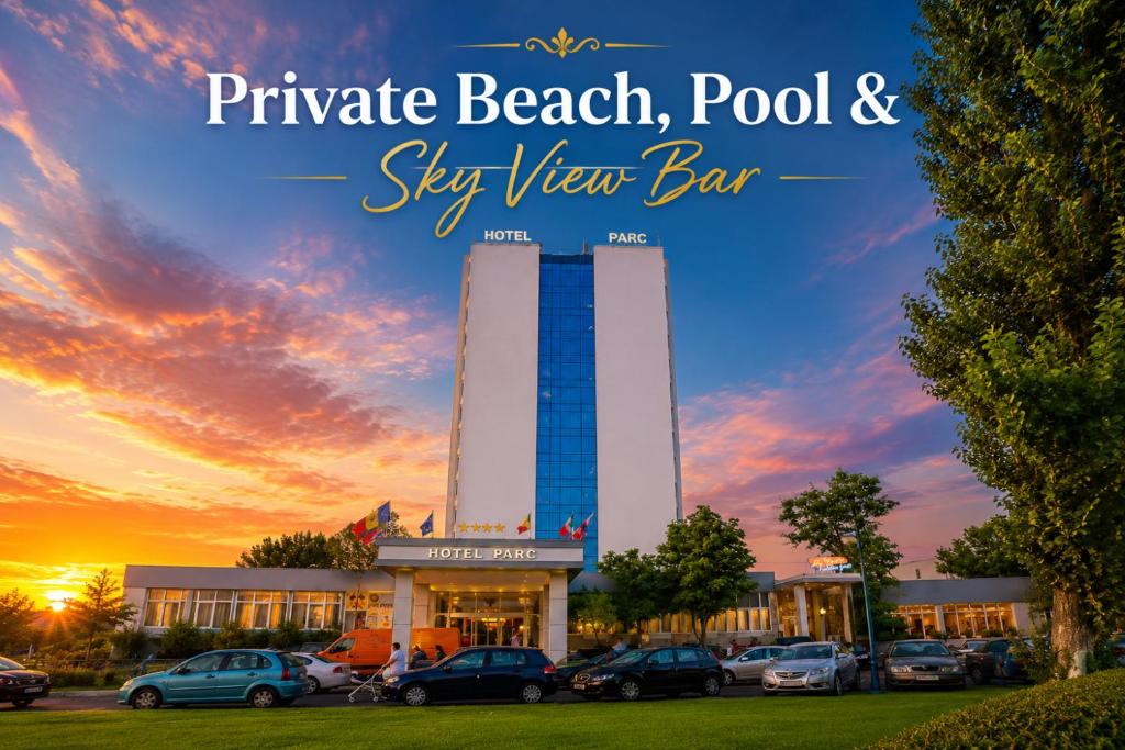 a view of a hotel with the words private beach pool and sky view bar at Hotel Parc in Mamaia
