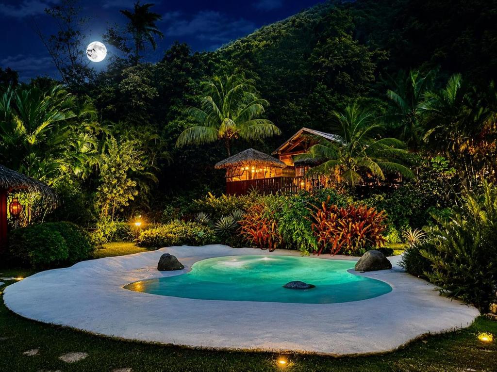 a small pool in the middle of a garden at night at West Indies Cottage, cottages haut de gamme avec piscine, jacuzzi et vue jungle in Pointe-Noire