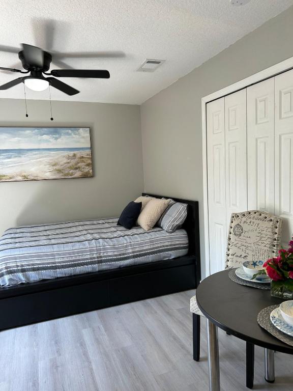a bedroom with a bed and a ceiling fan at Studio one bed in Clermont
