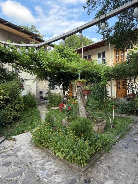 ein Garten mit Blumen und Pflanzen vor einem Haus in der Unterkunft Hotel Vardzia K A L A in Aspindza