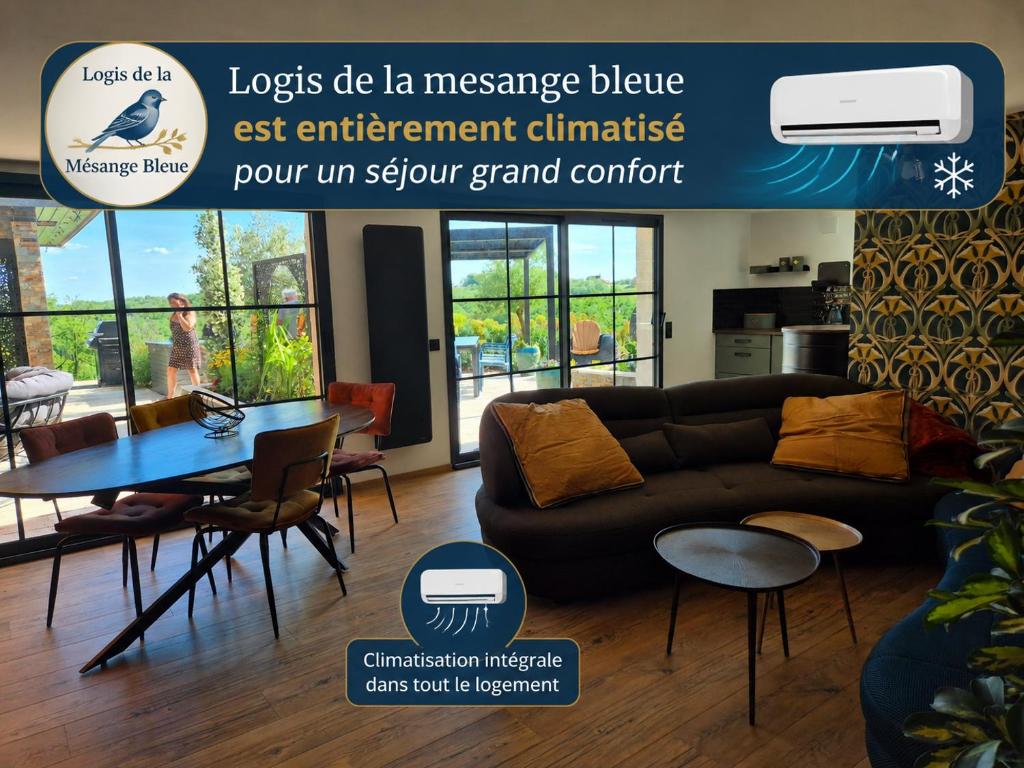 a flyer for a living room with a couch and a table at Le logis de la mésanges Bleue in Gignac