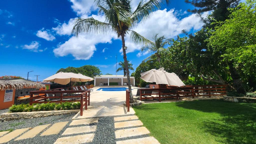 a resort with a pool and umbrellas and a palm tree at Boca de Yuma Adventure in Yuma