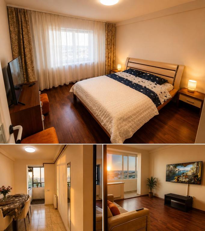 a bedroom with a bed and a living room at Central plaja Neversea in Constanţa