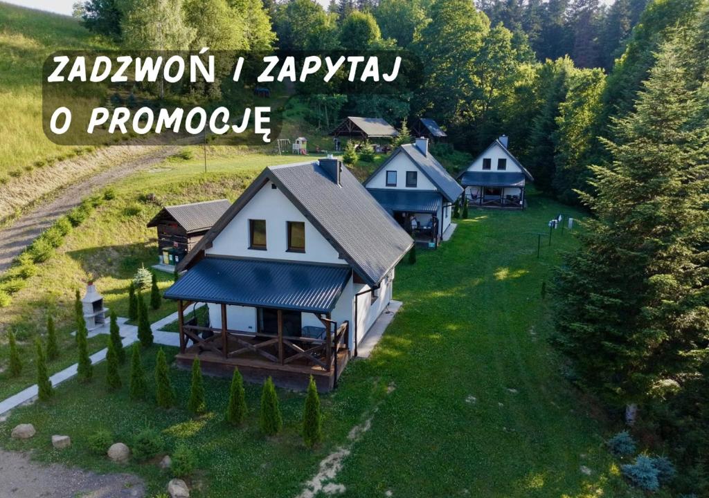 a group of cottages on a green field with trees at Domki Potok - Noclegi Bieszczady in Stefkowa