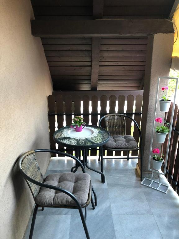 eine Terrasse mit zwei Stühlen und einem Tisch mit Stühlen in der Unterkunft Sobe HUBERTUS Lipovac Bajakovo in Lipovac