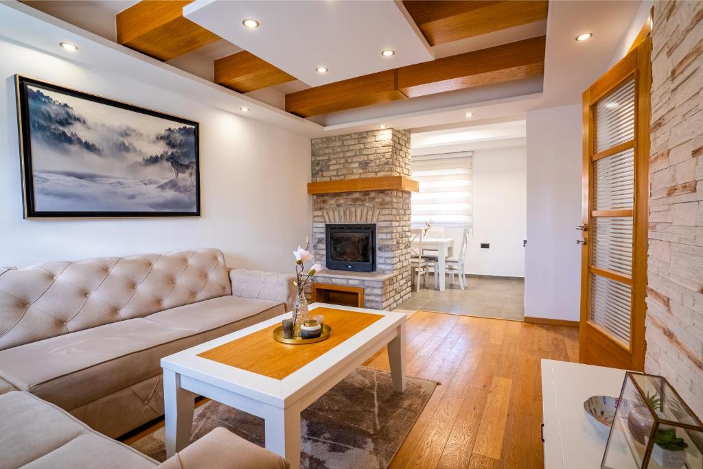 a living room with a couch and a fireplace at Wolf Apartments Zabljak in Žabljak