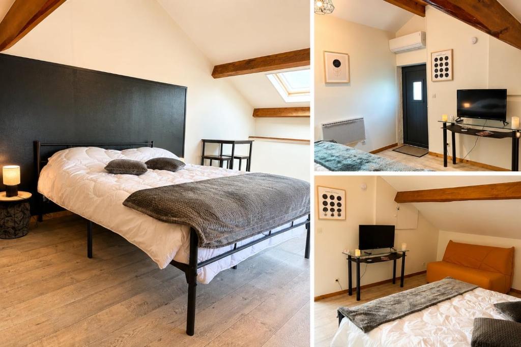 two photos of a bedroom with a bed and a living room at Les Gîtes du Chemin - La Colombière in Paray-le-Monial