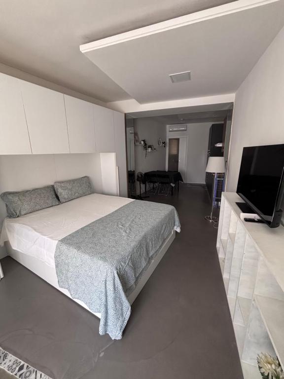 a bedroom with a bed and a flat screen tv at Monolocale Farina in Cagliari