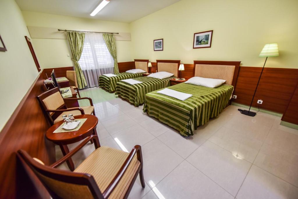 Cette chambre d'hôtel comprend deux lits, une table et des chaises. dans l'établissement Penzion RAKI, à Bratislava