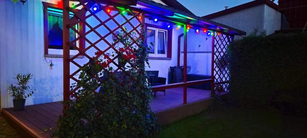 a house with a deck with christmas lights on it at Ferienhaus Margarete in Dankerode