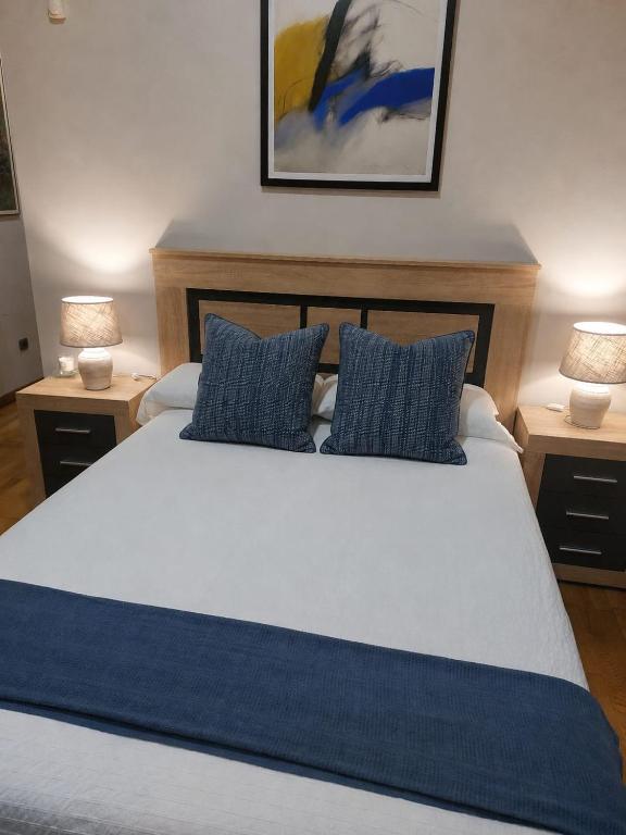 a bedroom with a large bed with blue pillows at Apartamento centrico Luada in Vigo