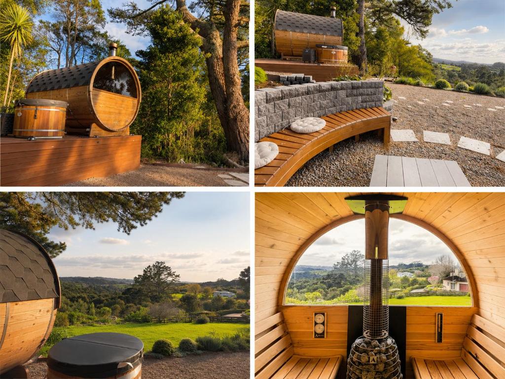 a collage of four pictures of a tree house at Pine Grove Retreat in Auckland