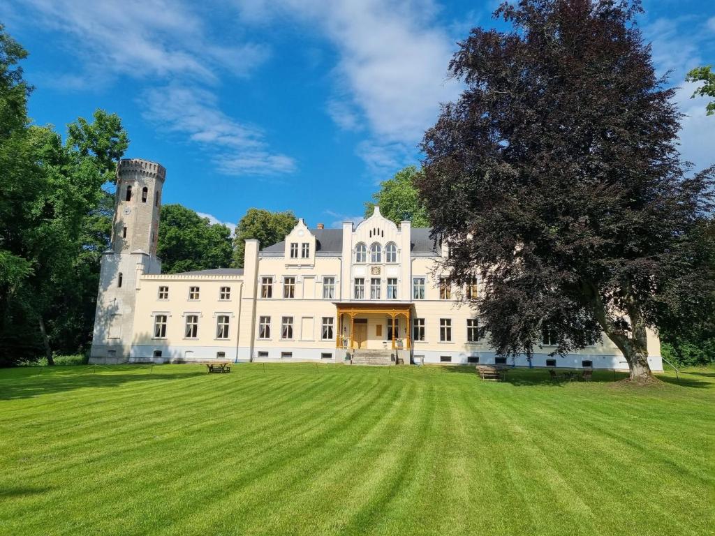a large white castle with a large grass field at Pałac w Dolsku in Dolsk