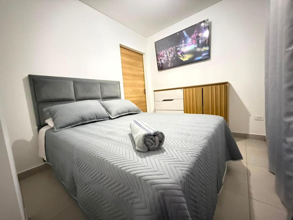a bedroom with a bed with a cat sitting on it at monoambiente manu in Trinidad