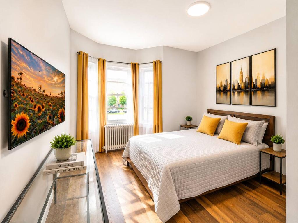 a bedroom with a bed and a painting on the wall at Journal Sq PATH - Private Queen Room - Private Bath - Shared Kitchen - 15 Min to NYC in Jersey City