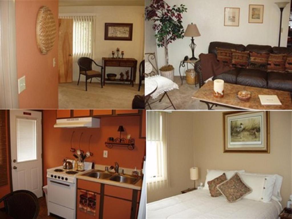 four different pictures of a living room and a kitchen at Summit View Lodge in Seward