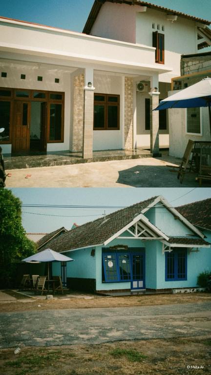 two pictures of a building with a table and an umbrella at Motel Gemilang in Karimunjawa