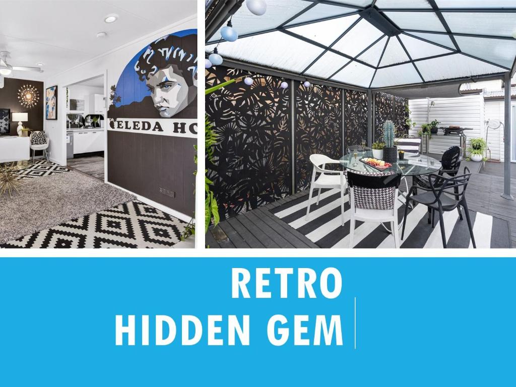 a collage of two pictures of a patio with an umbrella at Eleda House Hunter Valley Escape in Cessnock