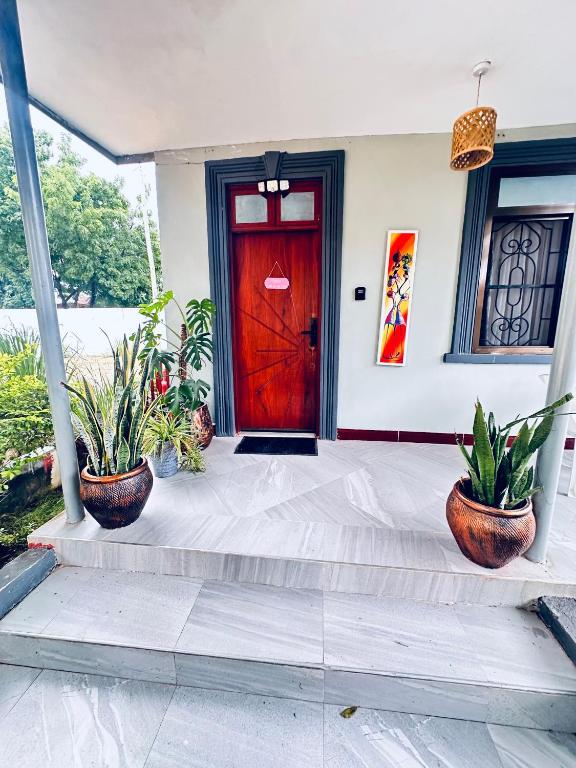 a red door on a house with two potted plants at Easyhomes bungalow apartment in Dar es Salaam