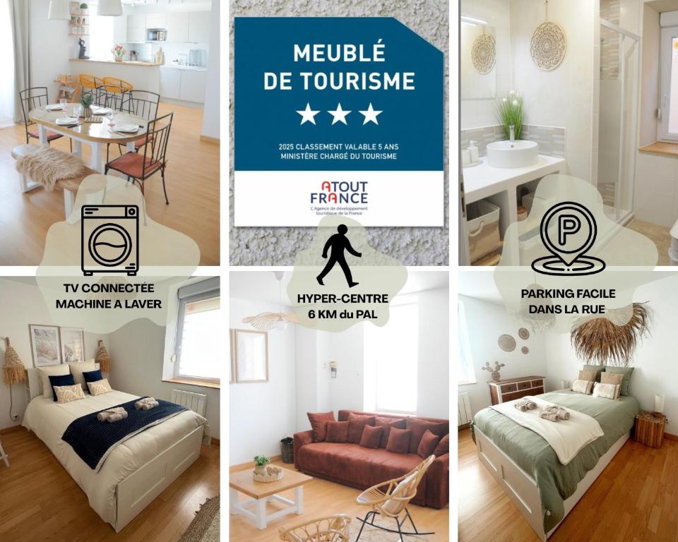 a collage of photos of a living room and a house at À 8min du parc LE PAL Le cocon de Kenna in Dompierre-sur-Besbre