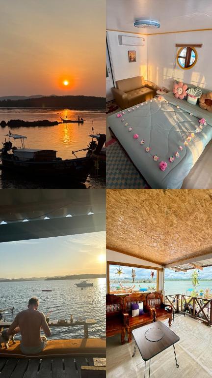 a collage of photos of a hotel room with a sunset at Kaneng Homestaykohpu in Ban Klang