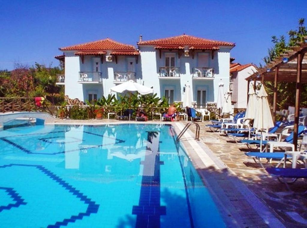 a large swimming pool in front of a building at Paradise Studios in Petra