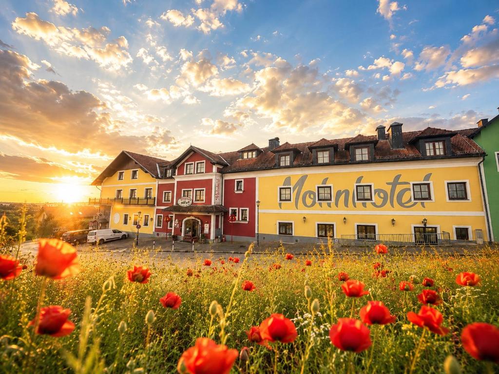 a field of red flowers in front of a building at Mohnhotel - Bergwirt Schrammel in Zwettl Stadt