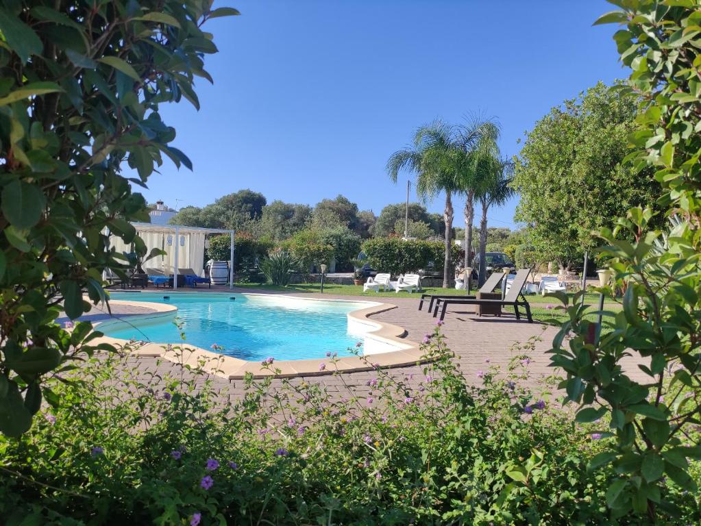 a swimming pool in a park with palm trees at B&B La Vigna in Carovigno