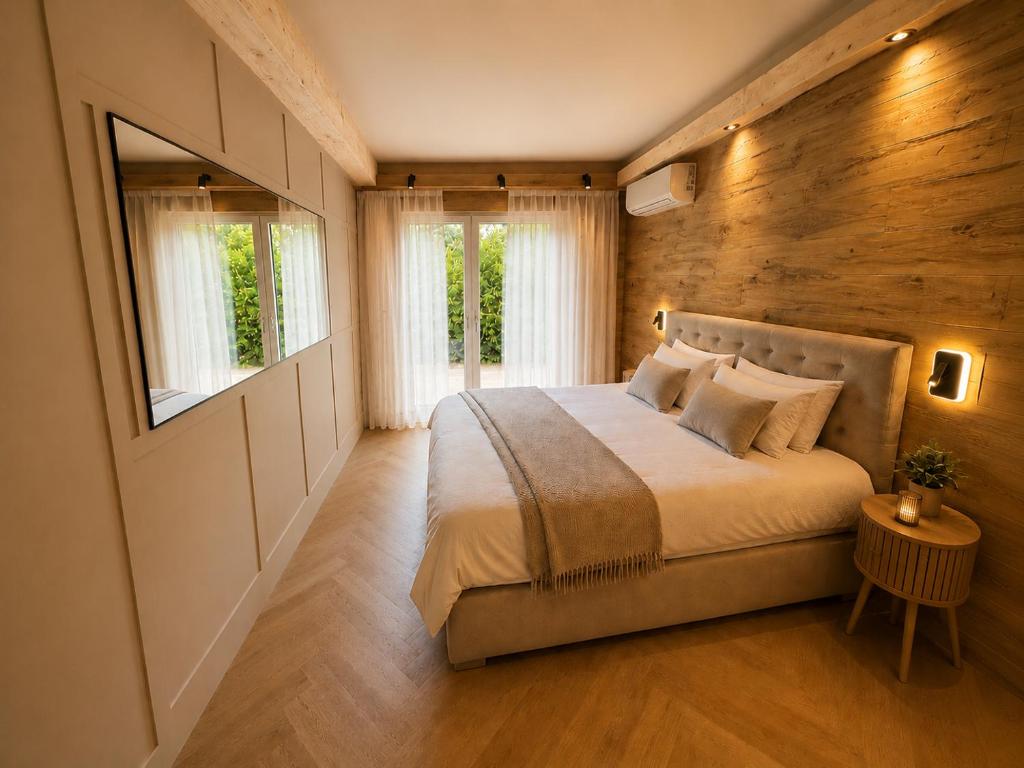 a bedroom with a bed with a wooden wall at Book-A-Room Salzburg Garden or Balcony Stay - 2 bedroom - air conditioning & free parking in Salzburg