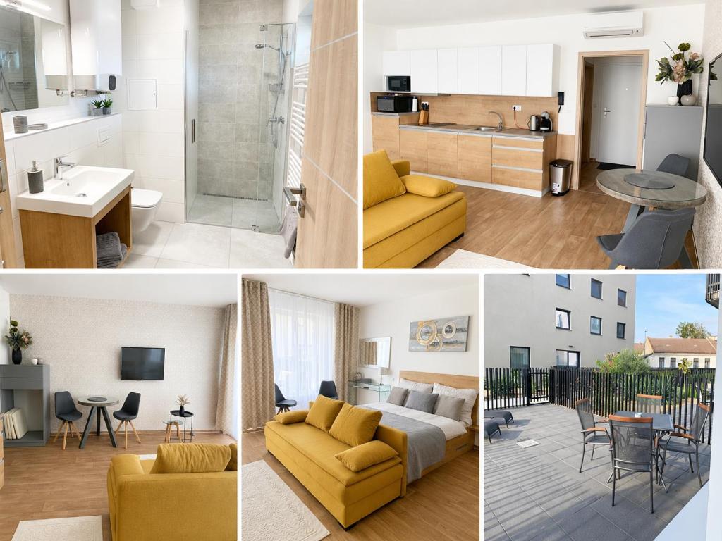 a collage of photos of a living room and a kitchen at Apartmán Mia in Mikulov